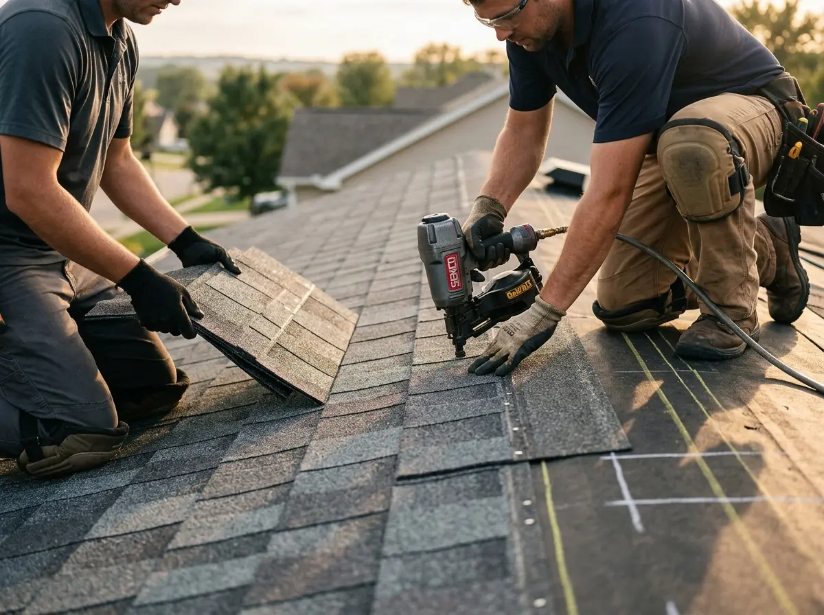 Professional roofer working on a residential roof in North Canton